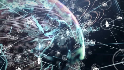 Void initiating globe fading, nodes and user icons forming Bitcoin cloud links Stock Footage 311085523