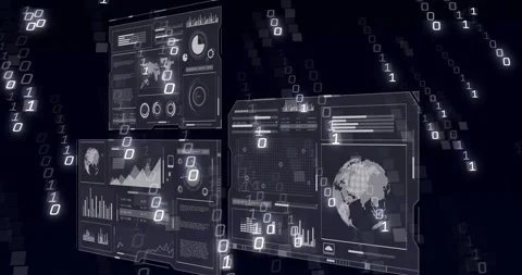 Void opening, four dashboards shifting while binary streams intensifying, Stock Footage 321161176