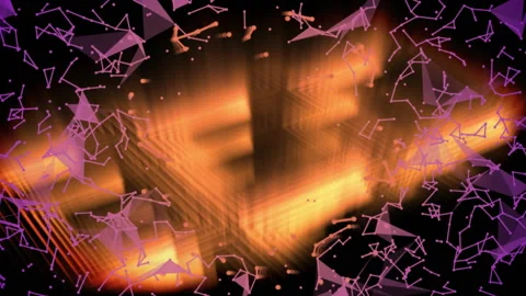 Void opening neon lines forming cube rotating among purple wireframe triangles Stock Footage 315800473