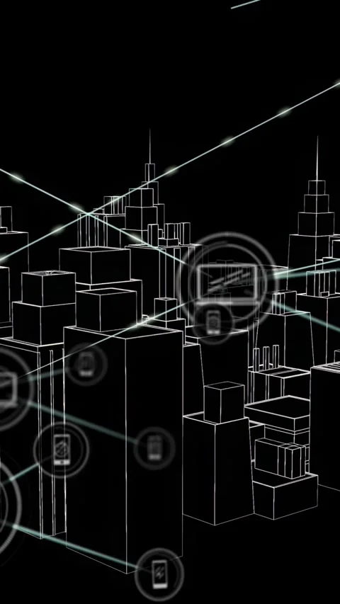 Void revealing wireframe city, camera moving, HUD reticle adding device nodes Vídeos de archivo 330286533