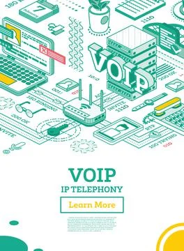 VOIP IP Telephony Services. Isometric Outline Concept. Configuration Scheme o Stock Illustration