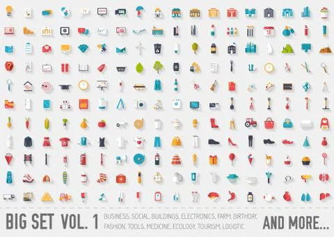 Vol 1. Flat big collection set icon of medical, invent, eco, architect, ranch Stock Illustration