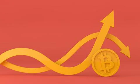 Volatile uncertain Bitcoin cryptocurrency up and down arrow. 3D Rendering Stock Illustration