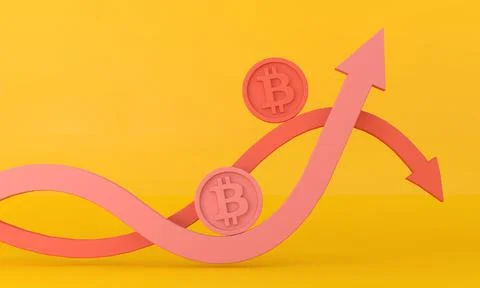 Volatile uncertain Bitcoin cryptocurrency up and down arrow. 3D Rendering Stock Illustration