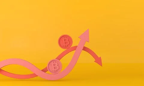 Volatile uncertain Bitcoin cryptocurrency up and down arrow. 3D Rendering Stockillustratie