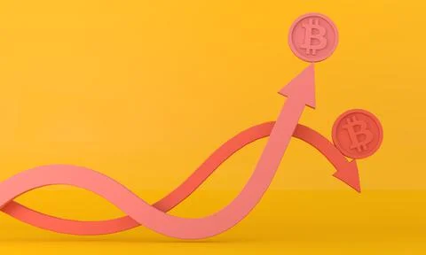 Volatile uncertain Bitcoin cryptocurrency up and down arrow. 3D Rendering Stock Illustration
