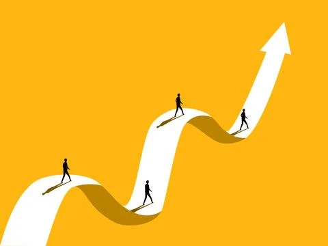 Volatility, Obstacles, Competition, Group of people walking on the arrow of.. Stock Illustration