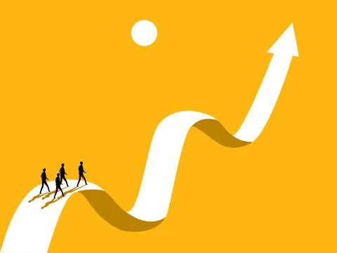 Volatility, Obstacles, Path to success, Business team walking on the arrow .. Stock Illustration