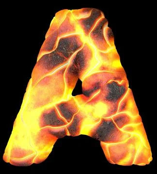 Volcanic 3d rendering letters. English lava font isolated on black. Stock Illustration