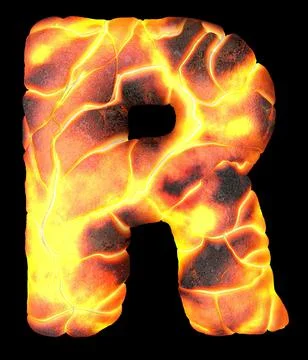 Volcanic 3d rendering letters. English lava font isolated on black. Stock Illustration