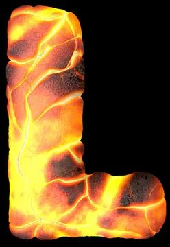 Volcanic 3d rendering letters. English lava font isolated on black. Stock Illustration