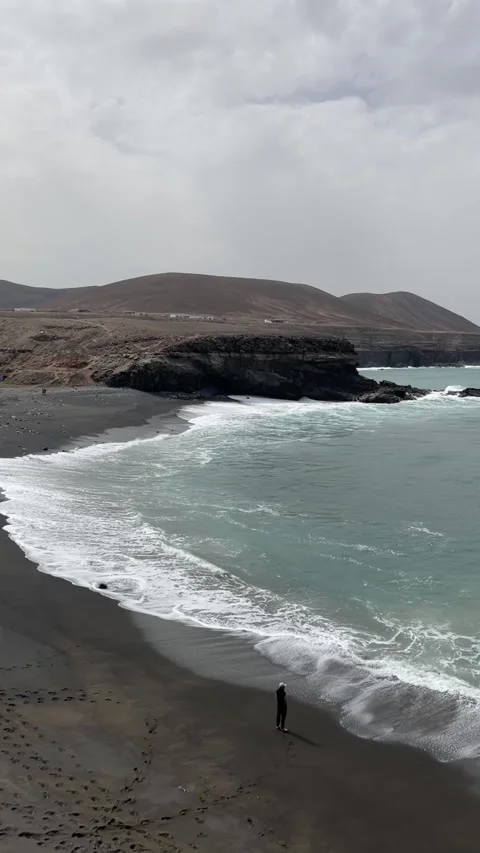 Volcanic Black Sand Beach Landscape at Ajuy Coast in Fuerteventura Spain Stock Footage 337394826