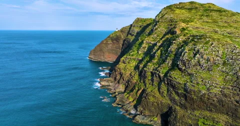 Volcanic cliff with steep rocky cliffs and green grass. Makapuu Lighthouse Stock Footage 311572830