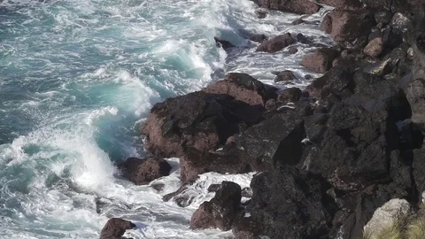 Volcanic coastline and waves breaking in super slow motion Stock Footage 83808043