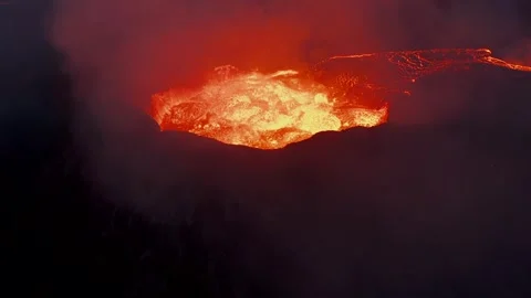 Volcanic Eruption Aerial View of Glowing Molten Lava Flowing in Dark Crater 库存影片 331044136