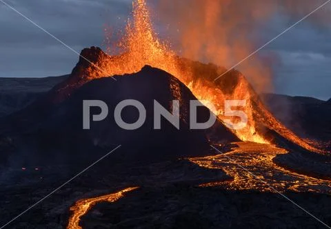 Volcanic eruption explosion and lava flow in Fagradalsfjall, Reykjanes