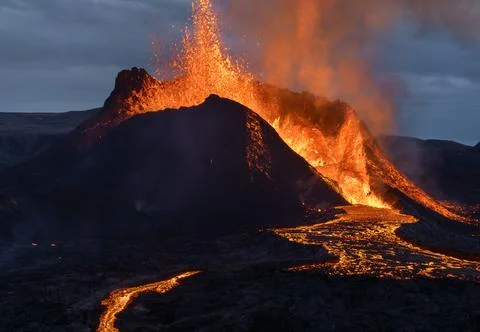 Volcanic eruption explosion and lava flow in Fagradalsfjall, Reykjanes Peninsula Stock Photos