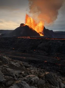 Volcanic eruption explosion and lava flow in Fagradalsfjall, Reykjanes Peninsula Stock Photos