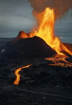 Volcanic eruption explosion and lava flow in Fagradalsfjall, Reykjanes Peninsula Stock Photos