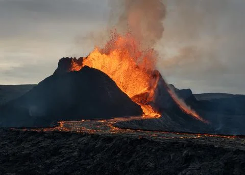 Volcanic eruption explosion and lava flow in Fagradalsfjall, Reykjanes Peninsula Stock Photos