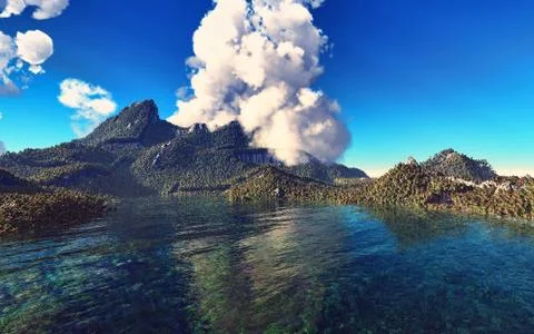 Volcanic eruption on island 3d rendering Stock Illustration