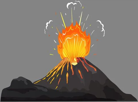 Volcanic eruption stages set. Steaming volcano, burning magma approach, splash Stock Illustration