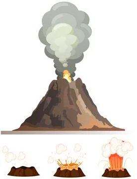 Volcanic eruption stages set. Steaming volcano, burning magma approach, splash Stock Illustration
