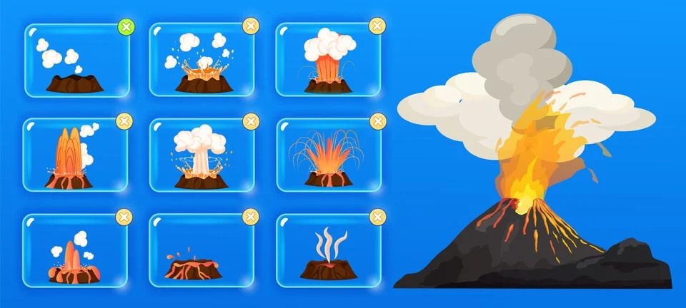 Volcanic eruption stages set. Steaming volcano, burning magma approach, splash Stock Illustration