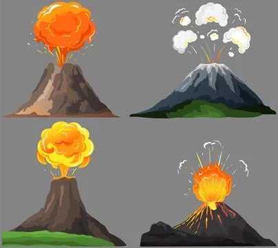 Volcanic eruption stages set. Steaming volcano, burning magma approach, splash Stock Illustration