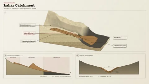 Volcanic Lahar Debris Flow Catchment Zone Diagram Geological Section 스톡 동영상 343818271