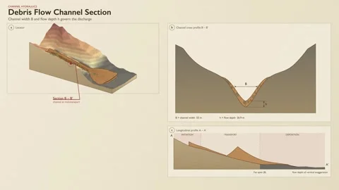 Volcanic Lahar Debris Flow Channel Cross Section Diagram Topographic Map Stock Footage 343819411