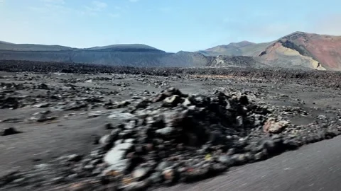 Volcanic landscape and lava fields in Timanfaya National Park, Lanzarote Stock Footage 346376726