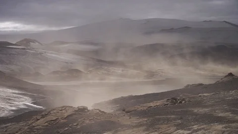 Volcanic landscape during ash storm on the Fimmvorduhals hiking trail. Iceland Stock Footage 125578785
