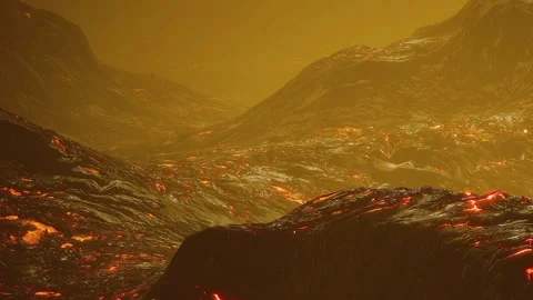 Volcanic landscape with flowing lava during sunset in an alien world Stock Footage 339497641