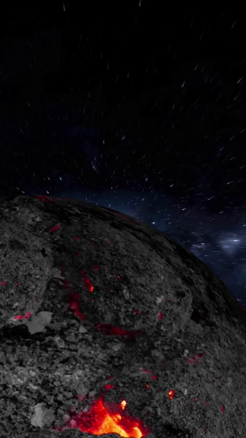 Volcanic planet surface with glowing lava. Volcanic planet surface starry n.. Stock Footage 345719716