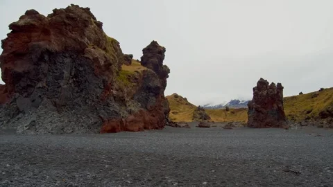 Volcanic Rock Formations on Black Sand Beach at Djúpalónssandur, Iceland Stock Footage 320202697