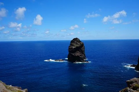 Volcanic sea stack in Atlantic Ocean at Ponta de Sao Lourenco Stock Photos