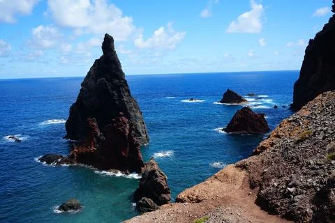 Volcanic sea stack at Ponta de Sao Lourenco Madeira Stock Photos