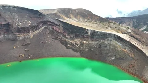 Volcanic Strata | Zao Okama Crater Lake - 4K Aerial Video Stock Footage 329051581