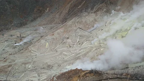 Volcanic Valley Covered With Gray And Spewing Columns Smoke Stock Footage