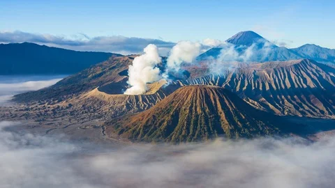 Volcano and Misty Floating Around Hillside, Landmarks Nature Place Of Indonesia Stock Footage 98917141