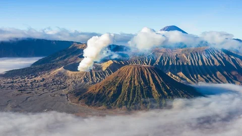 Volcano and Misty Floating Around Hillside, Landmarks Nature Place Of Indonesia Stock Footage 98917207