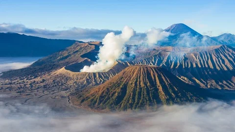 Volcano and Misty Floating Around Hillside, Landmarks Nature Place Of Indonesia Stock Footage 98917345