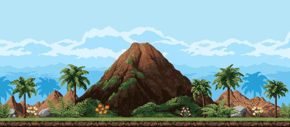 Volcano and mountains 8 bit pixel game landscape Stock Illustration