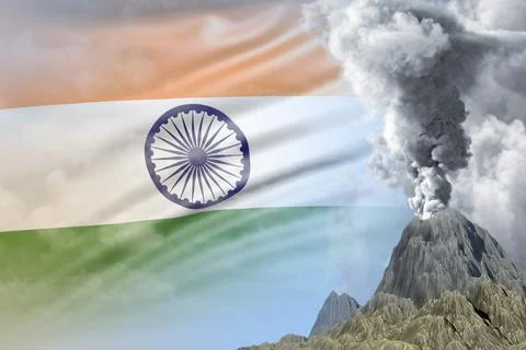 Volcano blast eruption at day time with white smoke on India flag background Illustrazione stock