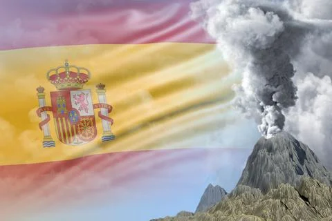 Volcano blast eruption at day time with white smoke on Spain flag background Illustrazione stock