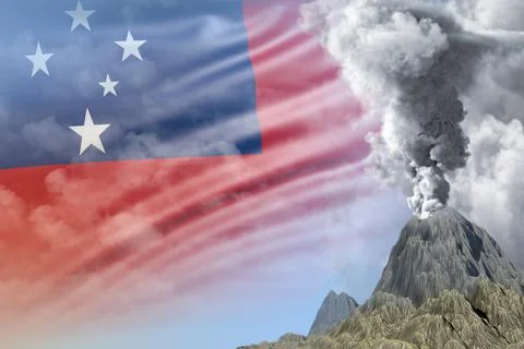 Volcano blast eruption at day time with white smoke on Samoa flag background Stock Illustration