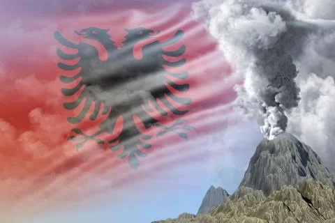 Volcano blast eruption at day time with white smoke on Albania flag background 스톡 일러스트