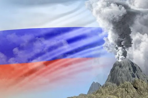 Volcano blast eruption at day time with white smoke on Russia flag background Stock Illustration