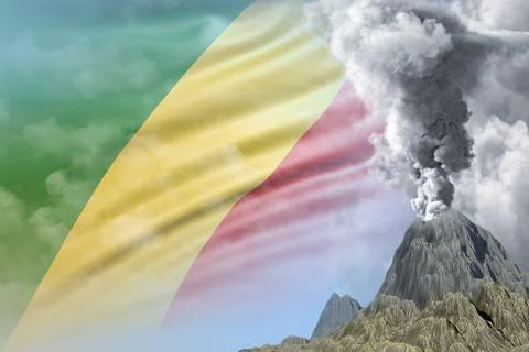 Volcano blast eruption at day time with white smoke on Congo flag background 스톡 일러스트